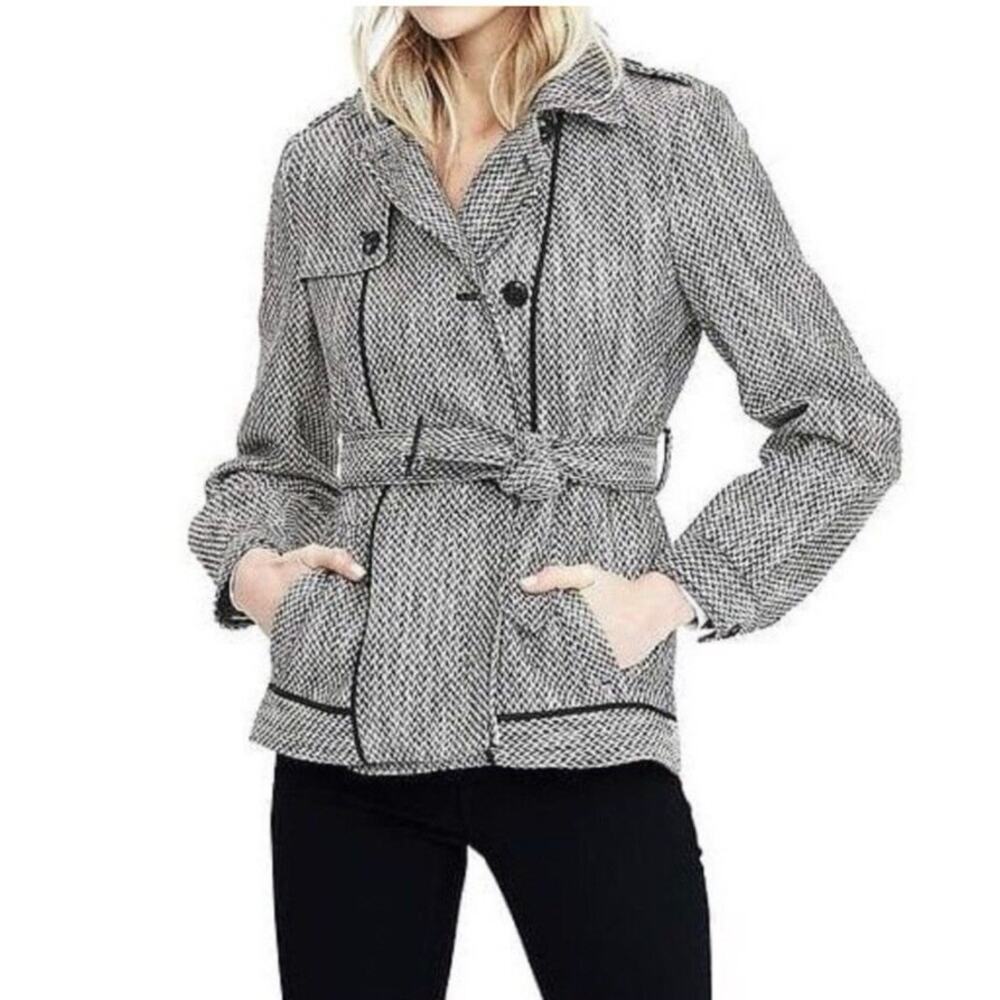Banana Republic Black White Short Trench Jacket Belted Preppy Double Breasted